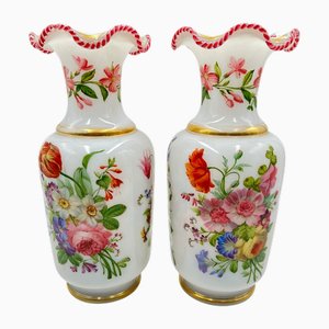 Large Baccarat Opaline Vases with Floral Decoration attributed to Jean-François Robert, 1845