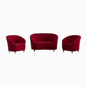 Sofa and Armchairs with Wooden Feet, 1950s, Set of 3