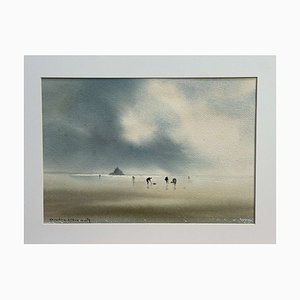 André Farault, Fischen zu Fuß in der Bucht von Mont St Michel, 1980er, Aquarell, gerahmt