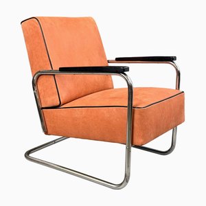 Poltrona Bauhaus bohémien in metallo cromato e pelle, anni '30