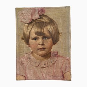 Howindt, Portrait of a Girl with a Pink Bow in Her Hair, 1910, Oil on Canvas, Framed
