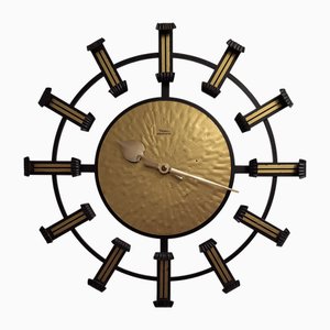 German Wall Clock with Black Metal Frame and Brass Dial from Diehl, 1970s