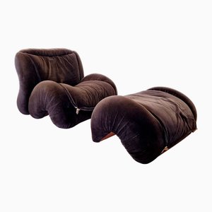 Set of Italian Tartana Loung Chair with Ottoman by Luigi Radaelli, Italy, 1970s