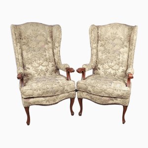 Antique Bergere Armchairs in Floral Fabric, Set of 2