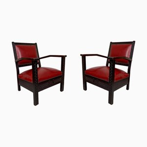 Set of Art Deco Colonial Armchairs in Carved Wood, French, Algeria, 1930s
