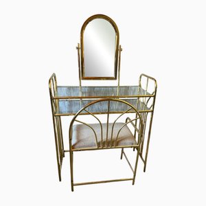 Vintage Dressing Table and Stool in Brass, 1950s, Set of 2
