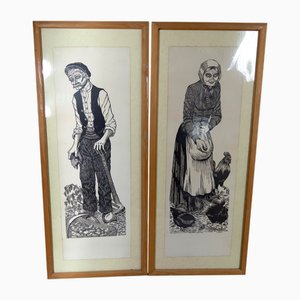Artista francés, Campesinos, 1970, Grabados en madera, Juego de 2