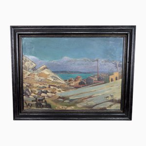 Mediterranean Coastal Town, France, 1930, Oil on Panel, Framed