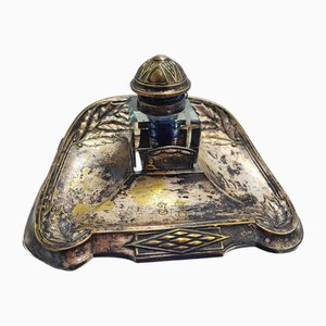 Art Nouveau Brass Silver-Plated Inkwell Set, Set of 3