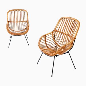 Set of Italian Rattan and Wicker Chairs, 1950s