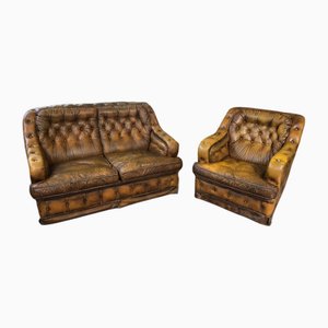 Chesterfield Sofa Bed and Armchair in Leather, 1970s, Set of 2