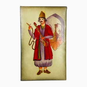 Pintura de Oriente Medio vintage sobre cuero, años 70