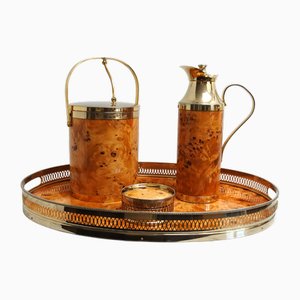 Italian Walnut Serving Set Including Tray, Ice Bucket, Thermos and Coasters, 1970s, Set of 4