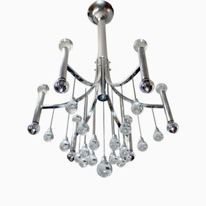 Lampadario a 6 luci in acciaio cromato con pendenti in cristallo attribuito a Gaetano Sciolari, anni '60