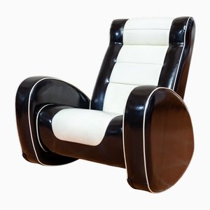 Poltrona a dondolo Art Déco americana in similpelle nera e bianca di MCM, 1989