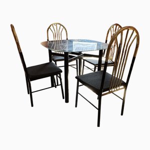 Juego de comedor vintage de latón y madera negra, años 70. Juego de 5