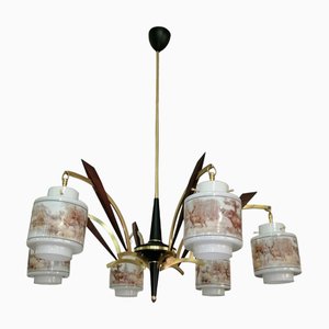 Lámpara de araña colgante con difusores de vidrio opalino atribuida a Stilnovo, años 50