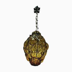 Venetian Hot Air Balloon-Shaped Lantern in Caged Amber Murano Glass, 1950s