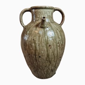 Aceitera francesa grande de terracota, siglo XIX con esmaltado verde Auvernia