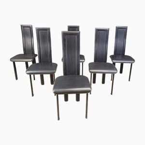 High Back Black Leather Dining Chairs, 1980s, Set of 6