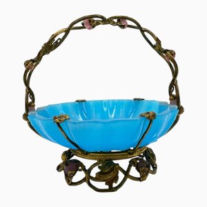 Cesto Charles X in vetro opalino blu turchese, metà XIX secolo