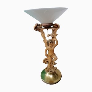 Venetian Style Floor Lamp with Cherub in Wood and Opaline Glass, 1920s