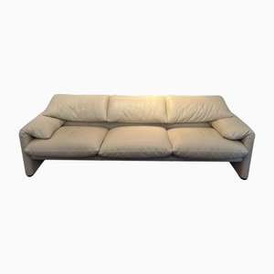 Maralunga Three-Seater Sofa in Ivory Leather by Vico Magistretti for Cassina, 1990s