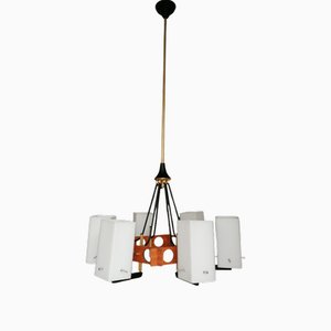 Opaline Glass 6-Light Suspension Chandelier attributed to Stilnovo, 1950s