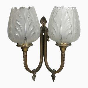 2-Armed Brass Wall Light with Tulip-Shaped Light Points, 1890s