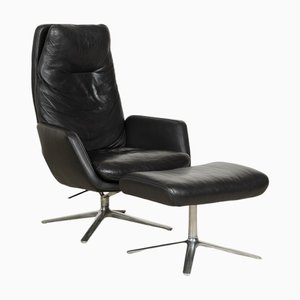 Set of Cordia Leather Armchairs in Black with Ottoman from Cor