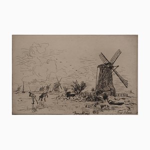 Johan-Barthold Jongkind, Batavia, Mills in Holland, Original Signed Engraving