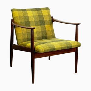 Poltrona Mid-Century moderna in teak e tessuto a scacchi verdi, anni '60