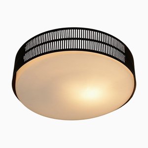 Mid-Century Austrian Circular Black Metal and Opaline Glass Ceiling Lamp, 1960s