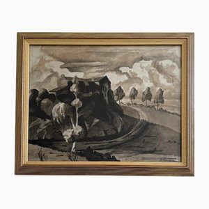 André-Charles Nauleau, Paisaje con camino, siglo XX, Acuarela sobre papel, Enmarcado