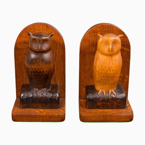 Serre-Livres Chouette Vintage en Chêne Sculpté, 1970, Set de 2