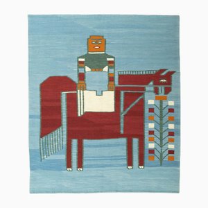 Hand-Woven Designer Kilim Rug with Artful Equestrian Motif in Soft Blue Tones