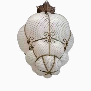 Venetian Murano White Chandelier in Caged Blown Glass in the Shape of a Hot Air Balloon attribution to Seguso for Venini, 1890s