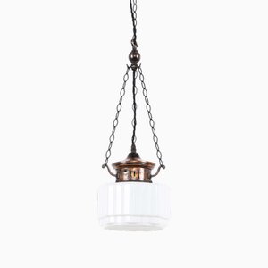 Lampe à Suspension Hexagonale en Verre Opalin avec Gallary en Cuivre, 1920s