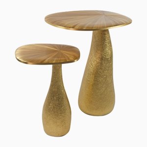 Side Tables in Straw Marquetry and Brass by Ginger Brown, Set of 2