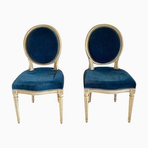 Set of Louis XVI Medallion Chairs in Painted Wood and Velvet