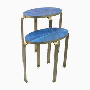 Side Tables in Straw Marquetry and Textured Brass by Ginger Brown, Set of 2