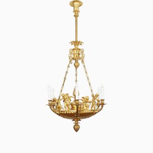Empire Style Hanging Light in Gilded Bronze with Putti, 1950