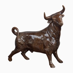 Sculpture de Taureau Art Déco Vintage en Céramique Brune et en Faïence Zoomorphe, 1980s