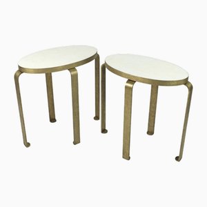 Side Tables in White Rock Crystal Marquetry and Textured Brass by Ginger Brown, Set of 2