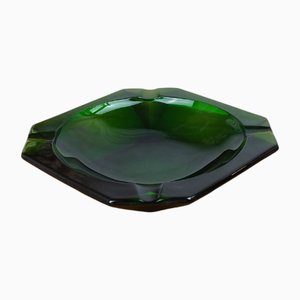 Large Vintage Art Deco Geometric Ashtray in Emerald Green Glass, 1950s