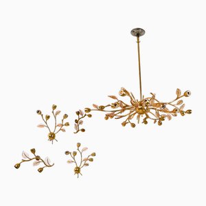 Hanging Ligt and Four Brass Sconces with Glass Elements, 1970, Set of 5