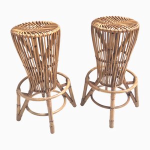 Vintage Round Bamboo Stools by Tito Agnoli, 1960s, Set of 2