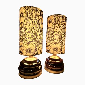 Duo de Lampes Mid-Century avec Socle en Verre Cuivre Marron Foncé, 1960s, Set de 2