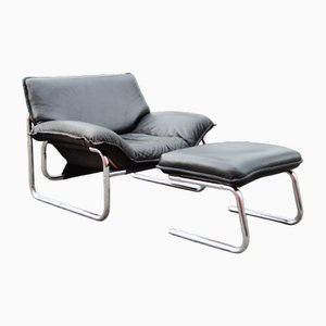 Fauteuil en Cuir avec Ottomane par Johan Bertil Häggström pour Swed-Form, 1980, Set de 2