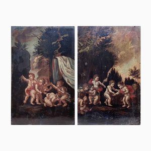 Landscapes with Putti, 1800s, Oil on Panel Paintings, Set of 2